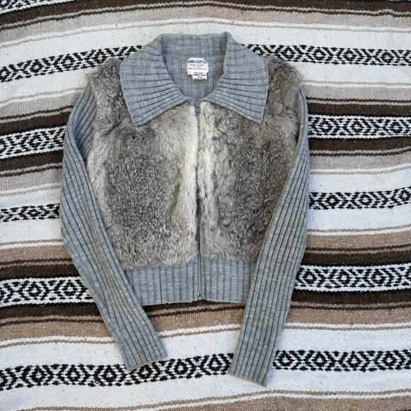 Women's Vintage 80's Rabbit Fur Skin Acrylic Gray Zip Up Ribbed Sweater Sz Large - Picture 1 of 8